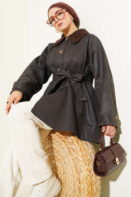 Pazarium - Kadife Yaka Kuşaklı Trençkot Kahve