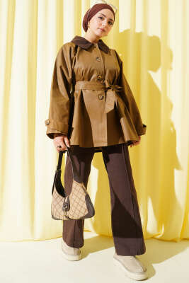 Kadife Yaka Kuşaklı Trençkot Camel - Thumbnail