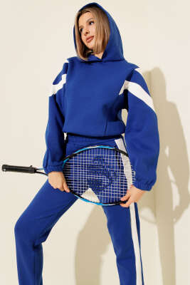 Pazarium - Garnili Üç İplik Sweatshirt Takım Saks