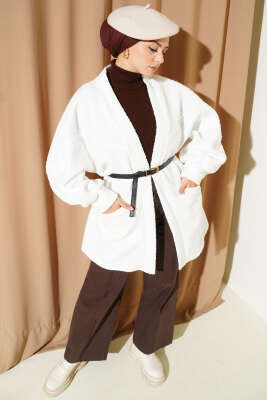 Pazarium - Yarasa Kol Kemerli Buklet Ceket Beyaz