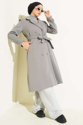 Pazarium - Boydan Düğmeli Kruvaze Yaka Kaşe Kaban Gri