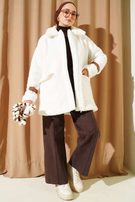 Kol Kemerli Cepli Peluş Mont Kahve - Thumbnail