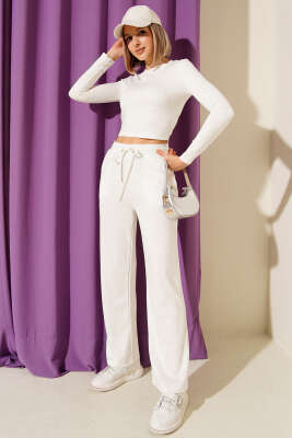 Pazarium - Mini Taşlı Loyşa Crop İkili Takım Ekru