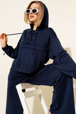 Pazarium - Kapüşonlu Kuş Gözü Detaylı İkili Takım Lacivert