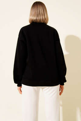 Geyik Nakışlı Sweatshirt Siyah - Thumbnail