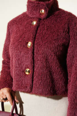 Yarım Balıkçı Yaka Gold Düğmeli Ceket Bordo - Thumbnail