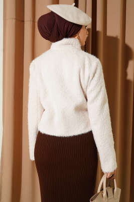 Yarım Balıkçı Yaka Gold Düğmeli Ceket Ekru - Thumbnail