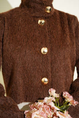 Yarım Balıkçı Yaka Gold Düğmeli Ceket Kahve - Thumbnail