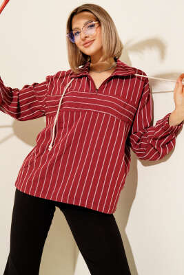 Yaka Fermuarlı Çizgili Gömlek Bordo - Thumbnail