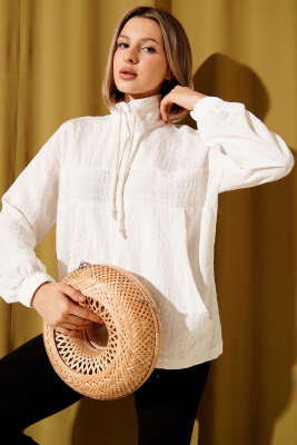 Pazarium - Yaka Fermuarlı Çizgili Gömlek Ekru