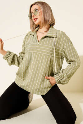 Pazarium - Yaka Fermuarlı Çizgili Gömlek Haki