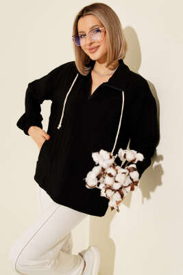 Yaka Fermuarlı Çizgili Gömlek Siyah - Thumbnail