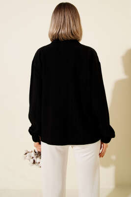 Yaka Fermuarlı Çizgili Gömlek Siyah - Thumbnail