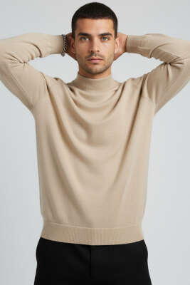 Pazarium - Basic Yarım Balıkçı Erkek Kazak Bej