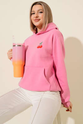 Pazarium - Kapşonlu Kiraz Baskılı Sweatshirt Pembe