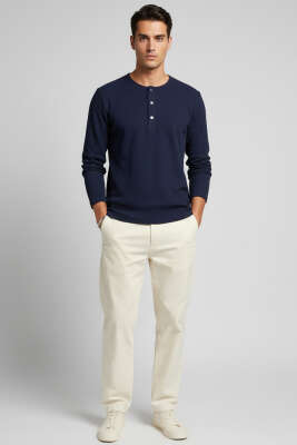 Önü Çıtçıtlı Waffle Sweatshirt Lacivert - Thumbnail