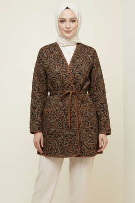 Pazarium - Çiçek Desenli Cepli Ceket Kahve