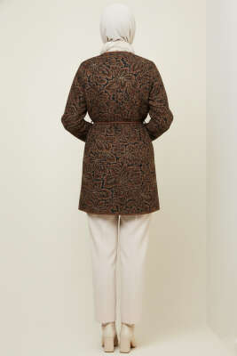 Çiçek Desenli Cepli Ceket Kahve - Thumbnail