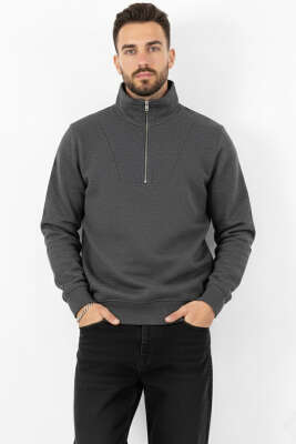 Pazarium - Yarım Fermuarlı İki İpli Erkek Sweatshirt Antrasit