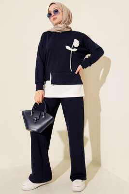 Pazarium - Loyşa Gül Desen İkili Takım Lacivert