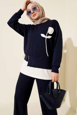 Loyşa Gül Desen İkili Takım Lacivert - Thumbnail