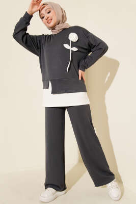 Pazarium - Loyşa Gül Desen İkili Takım Füme