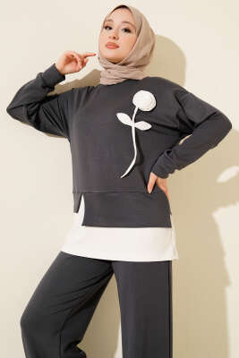 Loyşa Gül Desen İkili Takım Füme - Thumbnail