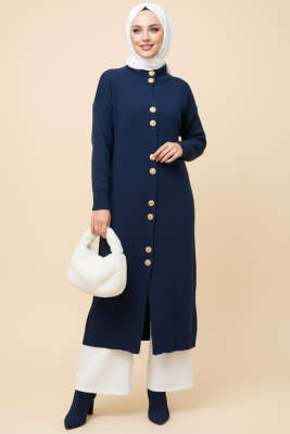 Pazarium - Metal Gold Düğmeli Uzun Triko Hırka Lacivert