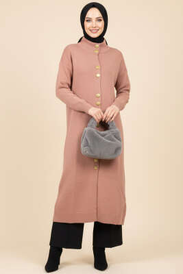 Pazarium - Metal Gold Düğmeli Uzun Triko Hırka Gül Kurusu