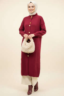 Pazarium - Metal Gold Düğmeli Uzun Triko Hırka Bordo