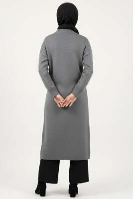 Metal Gold Düğmeli Uzun Triko Hırka Füme - Thumbnail