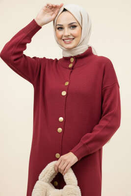 Metal Gold Düğmeli Uzun Triko Hırka Bordo - Thumbnail