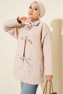 Dalga Desen Kapitone Ceket Bej - Thumbnail