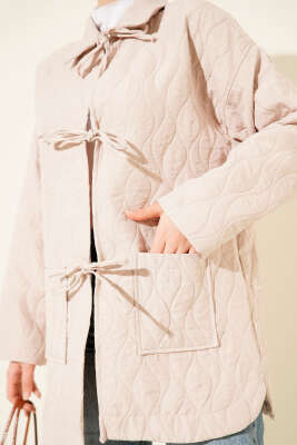 Dalga Desen Kapitone Ceket Bej - Thumbnail