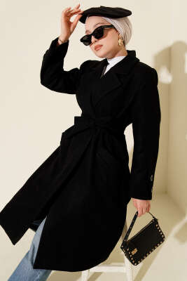 Pazarium - Kol Düğmeli Kuşaklı Kaşe Kaban Siyah