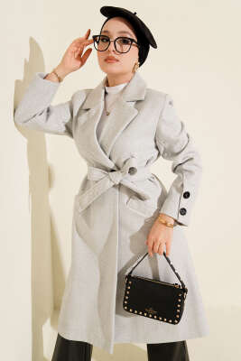 Pazarium - Kol Düğmeli Kuşaklı Kaşe Kaban Melanj Gri