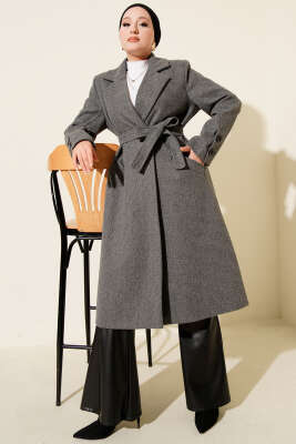 Pazarium - Kol Düğmeli Kuşaklı Kaşe Kaban Füme