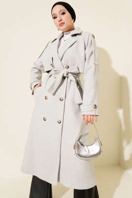 Pazarium - Omuz Apoletli Düğme Detaylı Kaşe Kaban Melanj Gri