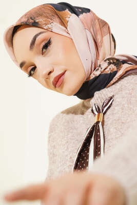 Pazarium - Şerit Geçişli Desen Detaylı Eşarp Sütlü Kahve