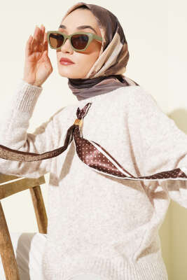 Pazarium - Şerit Geçişli Desen Detaylı Eşarp Vizon