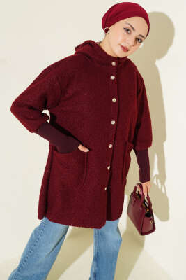 Pazarium - Kol Ribanalı Kapüşonlu Buklet Kap Bordo