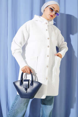 Pazarium - Kol Ribanalı Kapüşonlu Buklet Kap Ekru