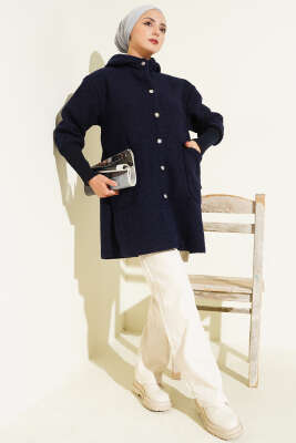Pazarium - Kol Ribanalı Kapüşonlu Buklet Kap Lacivert