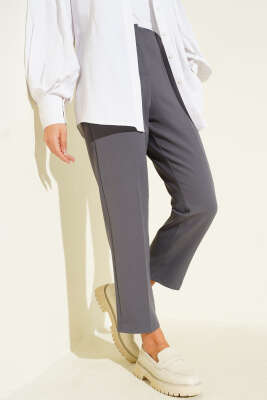 Pazarium - Bel Çımalı Dar Paça Kumaş Pantolon Füme