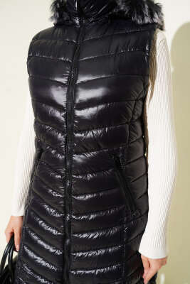 Fermuarlı Cepli Kapüşonlu Şişme Yelek Siyah - Thumbnail