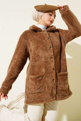 Pazarium - Düğmeli Peluş Hırka Vizon