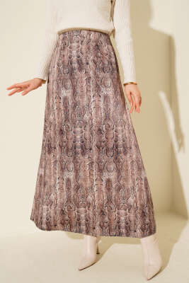 Desen Detaylı Saten Etek Kahve - Thumbnail