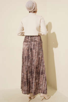 Desen Detaylı Saten Etek Kahve - Thumbnail