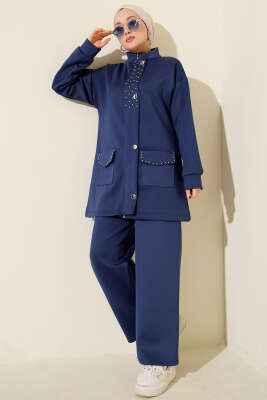 Pazarium - Boncuk Detaylı Scuba İkili Takım Lacivert