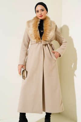 Pazarium - Yaka Kürklü Kuşaklı Uzun Kaban Bej